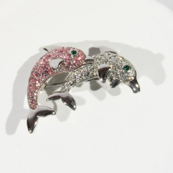 Jewelry - Vintage Silver-Tone Dolphin Brooch with Pink, Clear, & Green Rhinestones